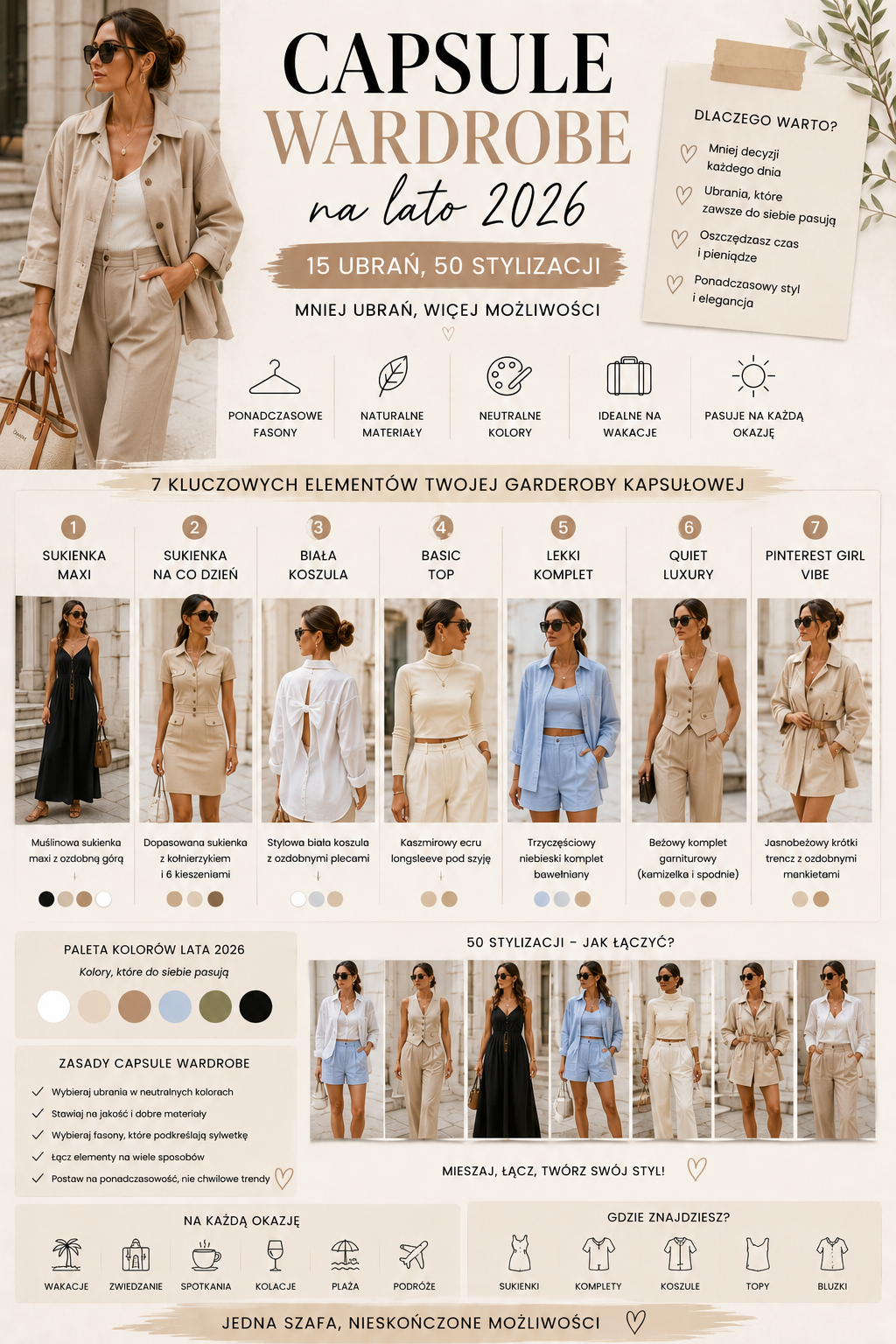 Capsule wardrobe na lato 2026. 15 ubrań, 50 stylizacji