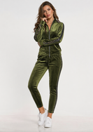 Zielony dres welurowy damski – bluza na suwak ze stójką + legginsy 7/8 z lampasami
