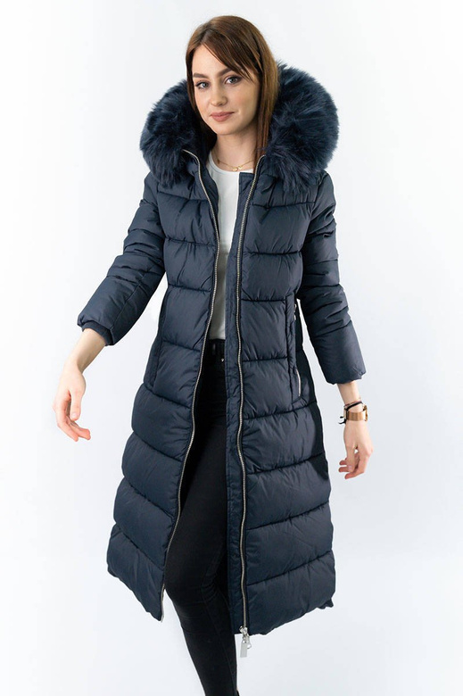 Granatowa gruba kurtka zimowa do kolan