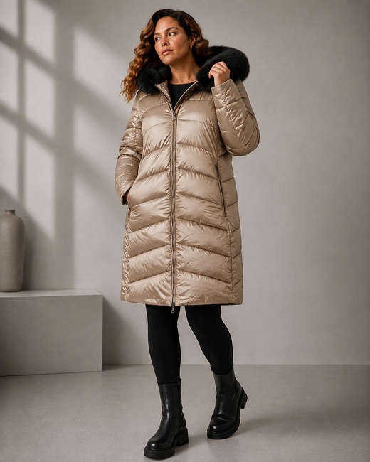 Beżowo- czarna dwustronna kurtka damska z odpinanym kapturem plus size