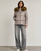 Szara luźna kurtka damska z kapturem i futerkiem