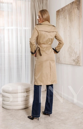 Ciemnobeżowy płaszcz damski z ozdobnymi rękawami