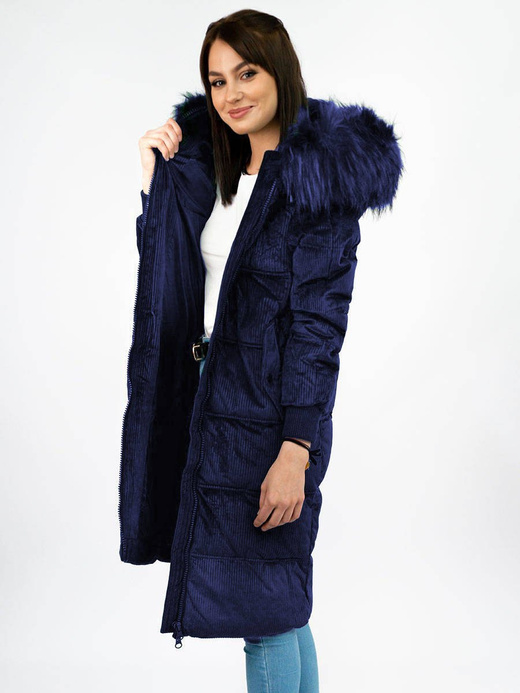 Zimowa sztruksowa kurtka damska z kapturem granatowa (7763)