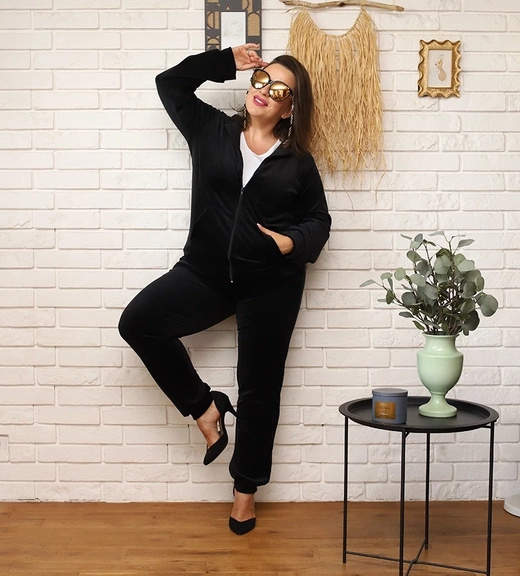 Zestaw plus size bluza + spodnie dresowe welur czarny 