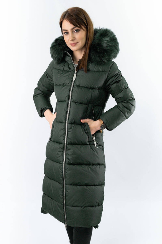 Ciemnozielona gruba kurtka zimowa plus size do kolan