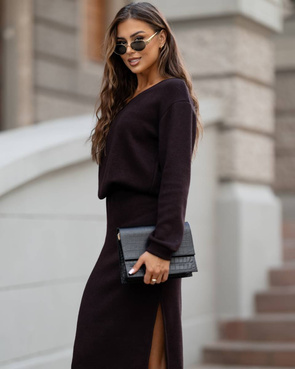 Dzianinowy czekoladowy zestaw bluzka + spódnica