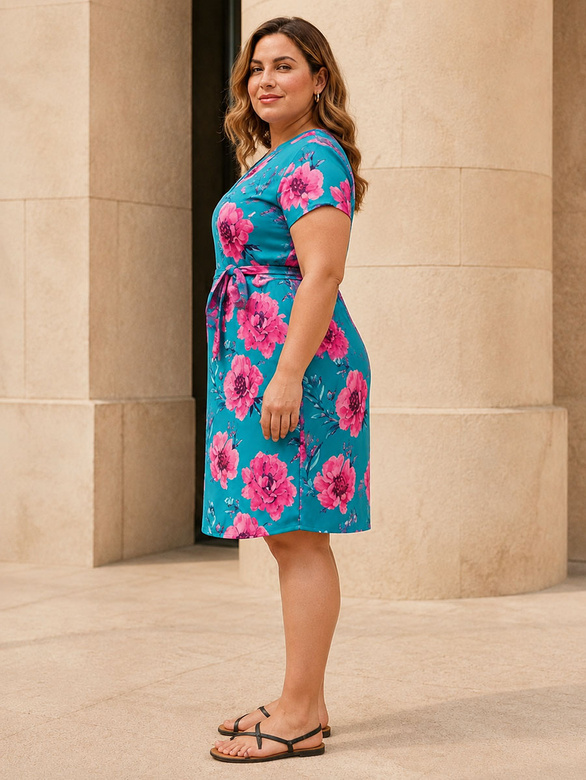 Prosta sukienka plus size z krótkim rękawem morska kwiaty
