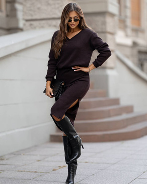 Dzianinowy czekoladowy zestaw bluzka + spódnica