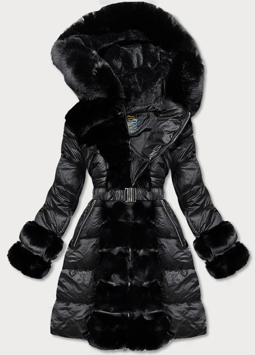 Kurtka zimowa damska z ozdobnym futrem czarna (7729)