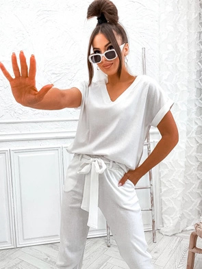 Lniany ecru komplet t-shirt i spodnie