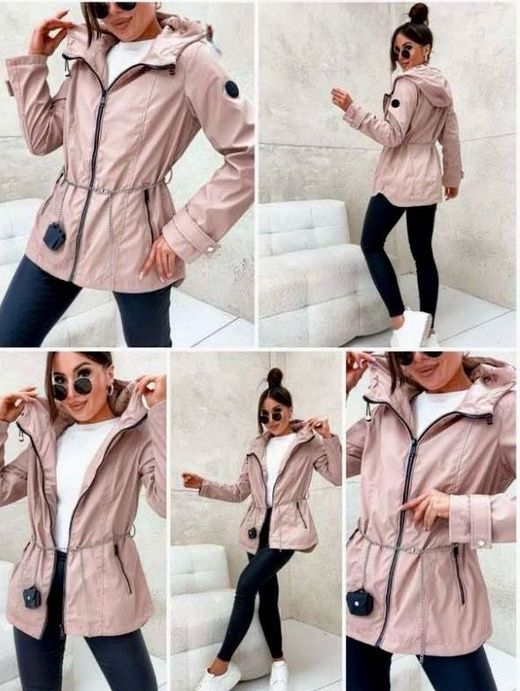 Beżowa kurtka z dekoracyjnym łańcuszkiem i ozdobną podszewką