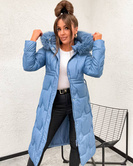 Zimowa damska kurtka niebieska poniżej kolan