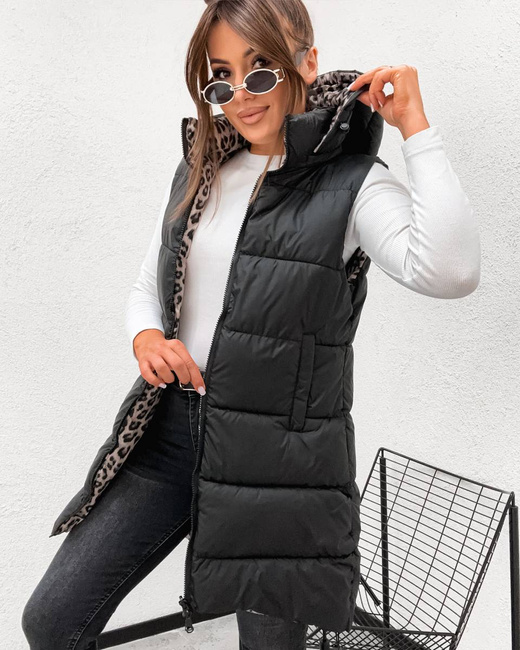 Długa kamizelka typu 2w1 czarny-panterka