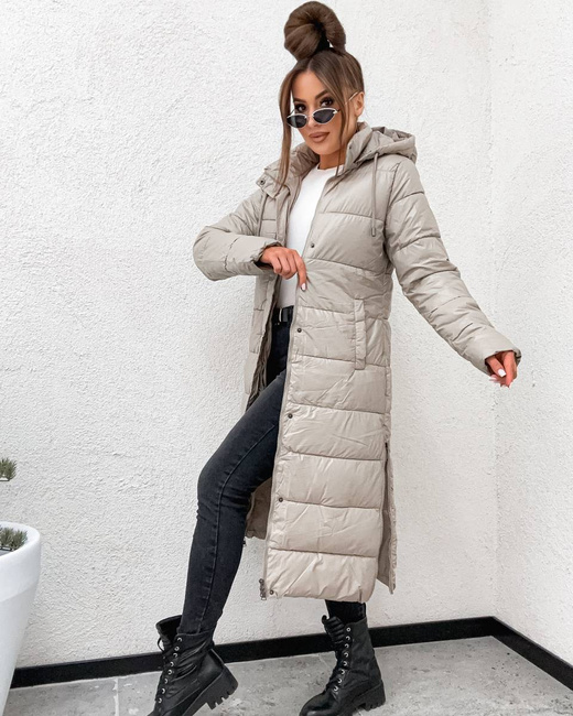 Przejściowa kurtka damska do kolan ciemnobeżowa