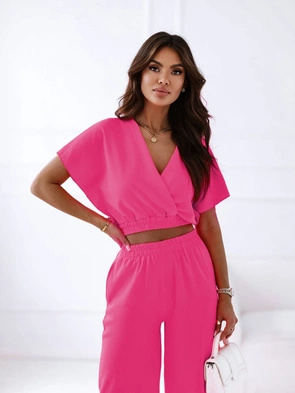 Elegancki komplet krótki top i spodnie z wysokim stanem fuksja