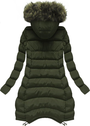 PIKOWANA KURTKA DAMSKA ZIMOWA Z KAPTUREM KHAKI (W579BIG)