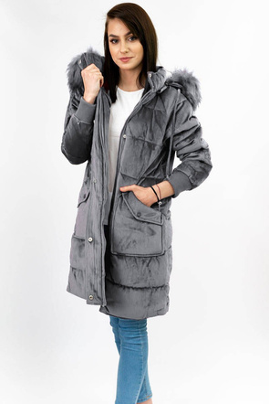 Sztruksowa zimowa kurtka damska z kapturem szara (7764)