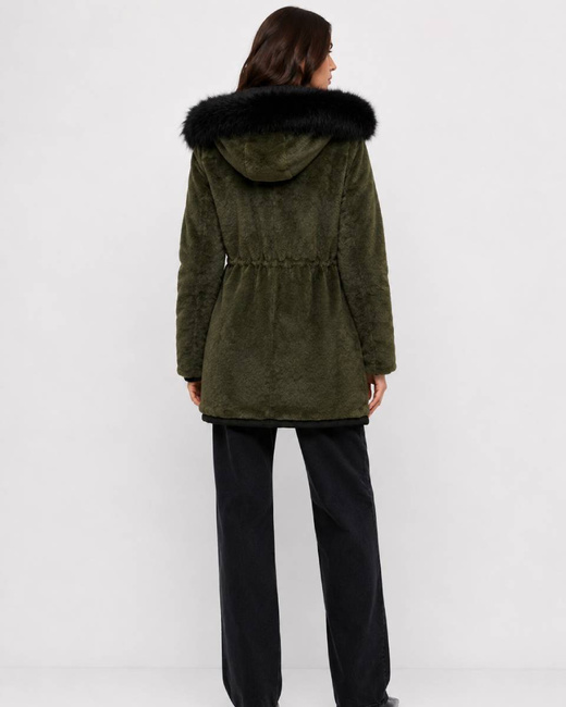 Czarna-khaki ocieplana kurtka damska 2w1 do połowy uda