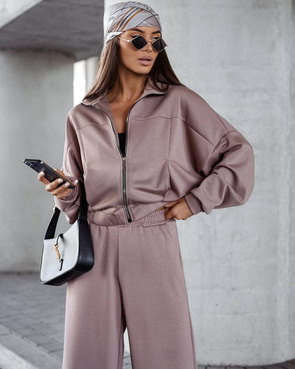 Komfortowy cappuccino komplet damski bluza + szerokie spodnie