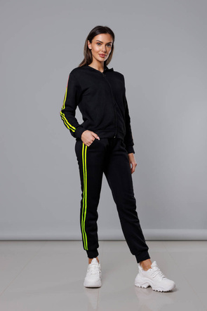 Czarno-limonkowy dres damski z lampasami