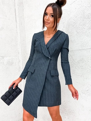 Szara elegancka sukienka kopertowa w drobne paski