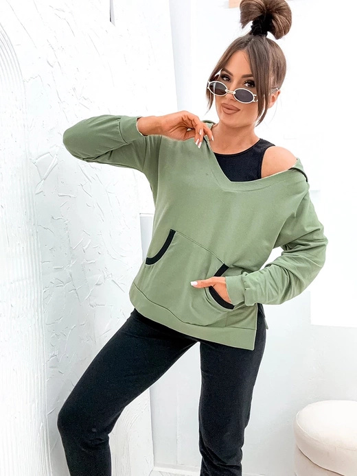 Dresowy komplet damski khaki bluza, top i spodnie