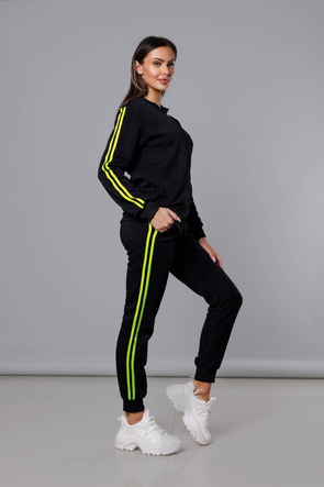 Czarno-limonkowy dres damski z lampasami