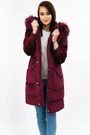 Sztruksowa zimowa kurtka damska z kapturem bordowa (7764)