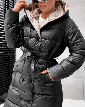 Czarno-beżowa kurtka zimowa do kolan typu 2w1