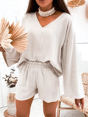 Zestaw bluzka i szorty len beżowy