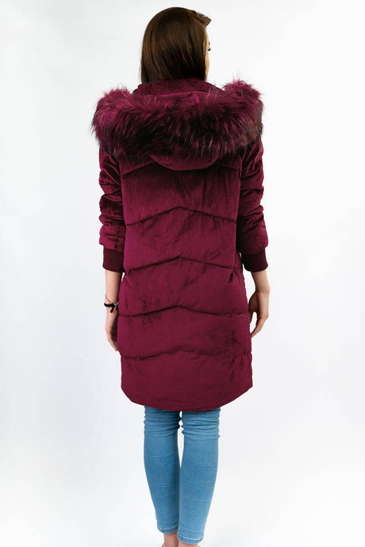 Sztruksowa zimowa kurtka damska z kapturem bordowa (7764)