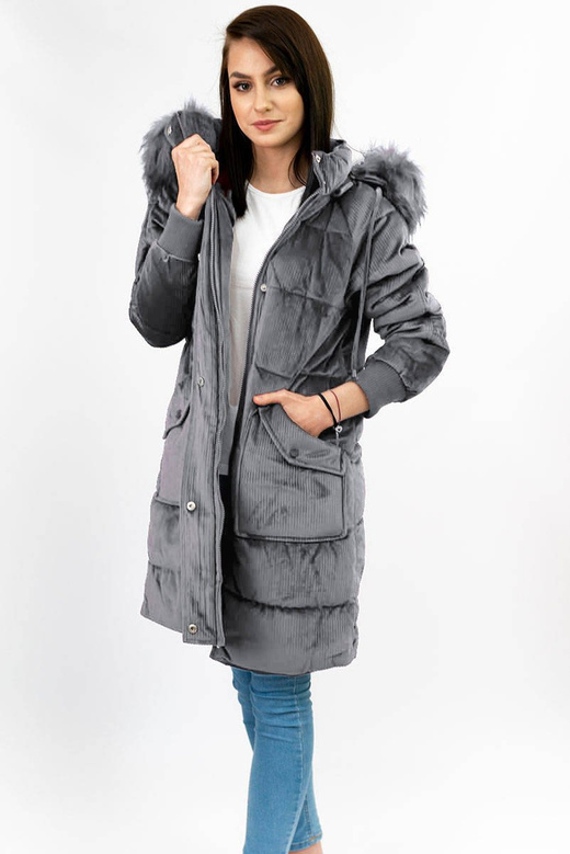 Sztruksowa zimowa kurtka damska z kapturem szara (7764)