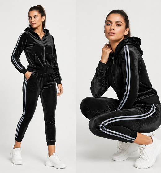 Dres damski rozpinany z kapturem czarny – bluza na suwak + spodnie casual