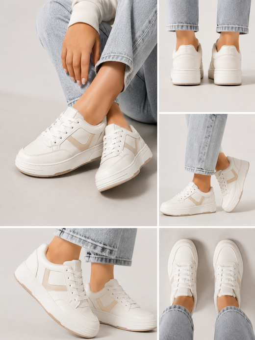 Sznurowane buty sportowe damskie biało-beżowe (s070)