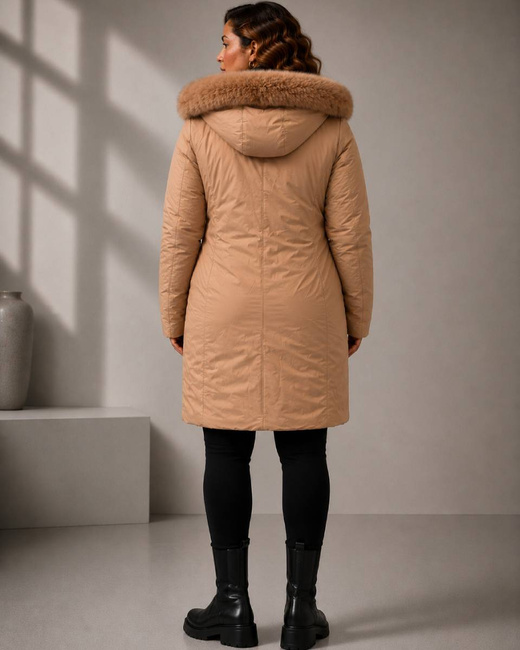 Khaki-beżowa dwustronna kurtka damska z odpinanym kapturem plus size
