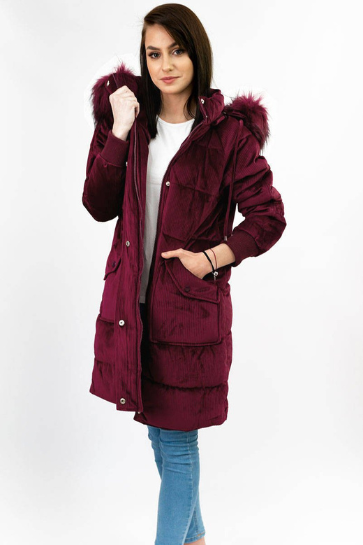Sztruksowa zimowa kurtka damska z kapturem bordowa (7764)