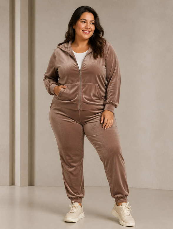 Zestaw plus size bluza + spodnie dresowe welur beżowy