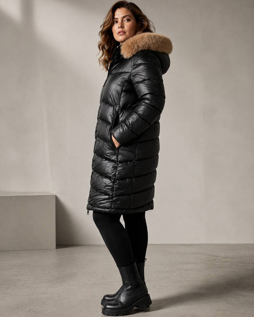 Czarno-beżowa dwustronna kurtka damska z odpinanym kapturem plus size