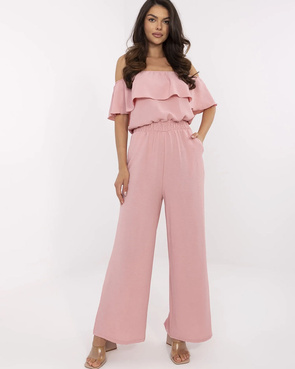 Brudnoróżowy stylowy kombinezon z dekoltem typu hiszpanka