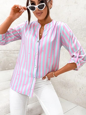 Różowo-błękitna bluzka z niską stójką