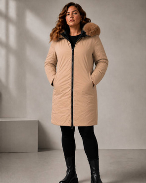 Czarno-beżowa dwustronna kurtka damska z odpinanym kapturem plus size