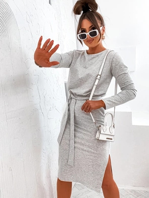 Bawełniana klasyczna sukienka z długim rękawem szara