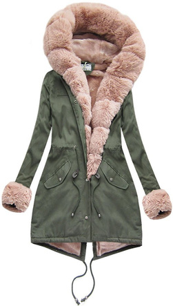 BAUMWOLLE PARKA MIT FELL KHAKI-PUDER ROSA (K725)