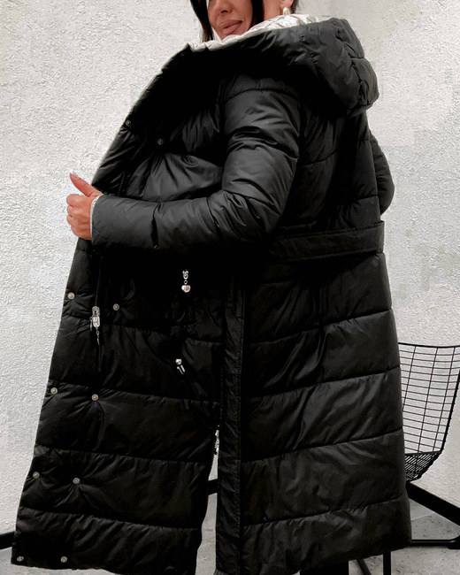 Długa dwustronna kurtka zimowa z kapturem czarny-beżowy