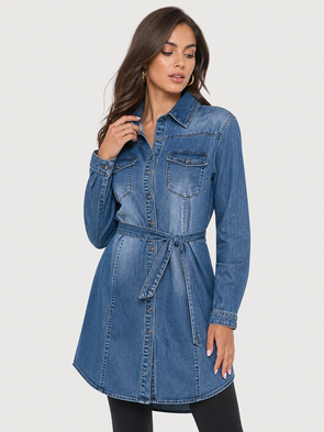 Tunika z paskiem i kołnierzykiem zapinana na guziki niebieski jeans