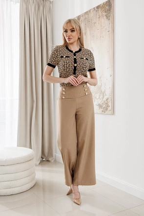 Eleganckie karmelowe spodnie damskie ze złotymi guzikami