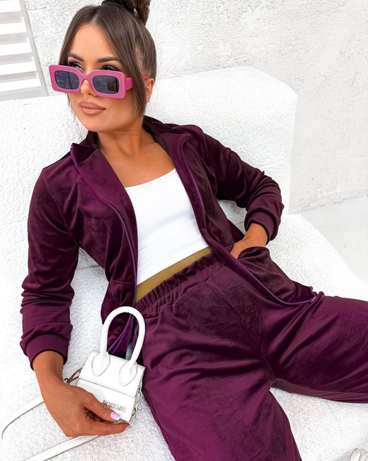 Welurowy komplet dresowy ze stójką bordowy