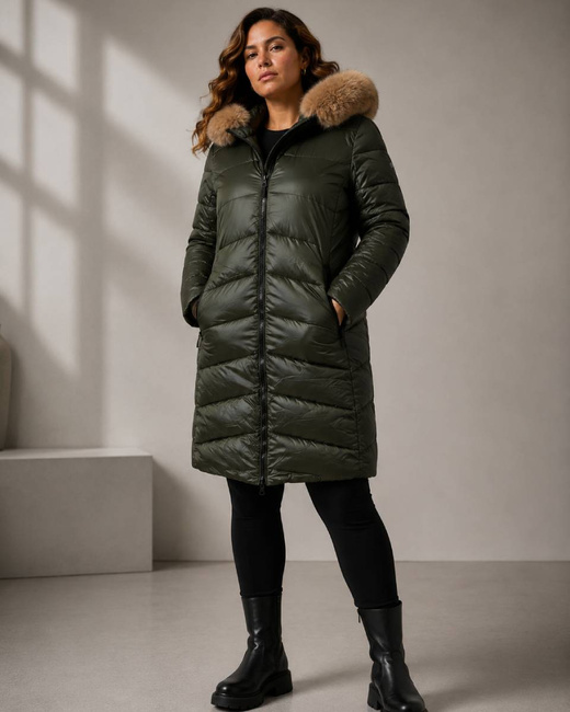Khaki-beżowa dwustronna kurtka damska z odpinanym kapturem plus size
