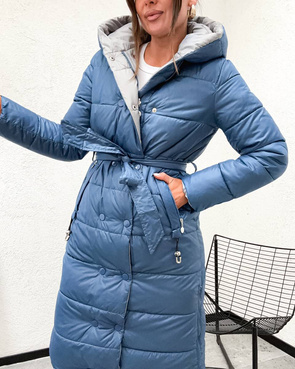 Długa dwustronna kurtka zimowa z kapturem niebieski-szary