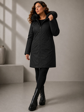 Beżowo- czarna dwustronna kurtka damska z odpinanym kapturem plus size